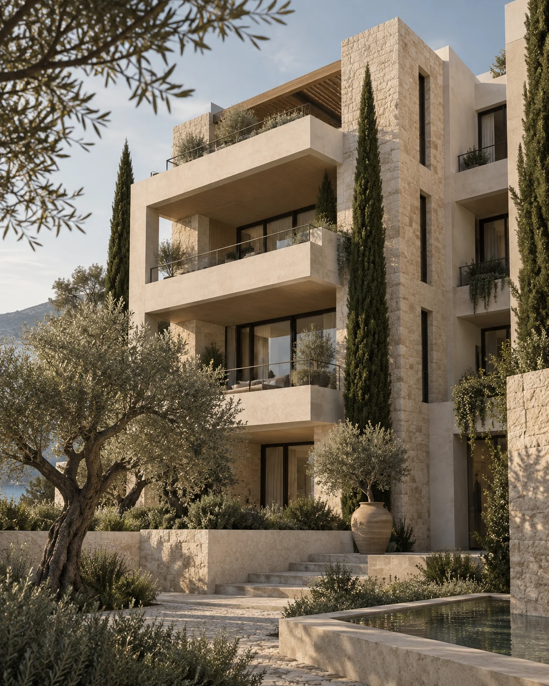 Architectural concept of a contemporary Greek residence in warm stone, with balconies and olive trees; not an actual Hector Capital development